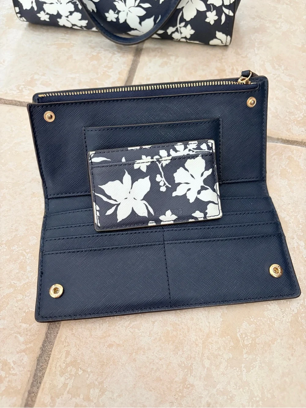 Michael Kors Navy and White Floral Tote with Matching Zip Wallet
